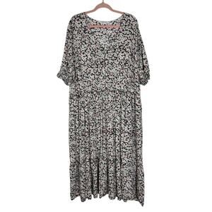 Studio Untold Black & Floral A-line 3/4 Sleeves V-neck Maxi Dress Size 24/26